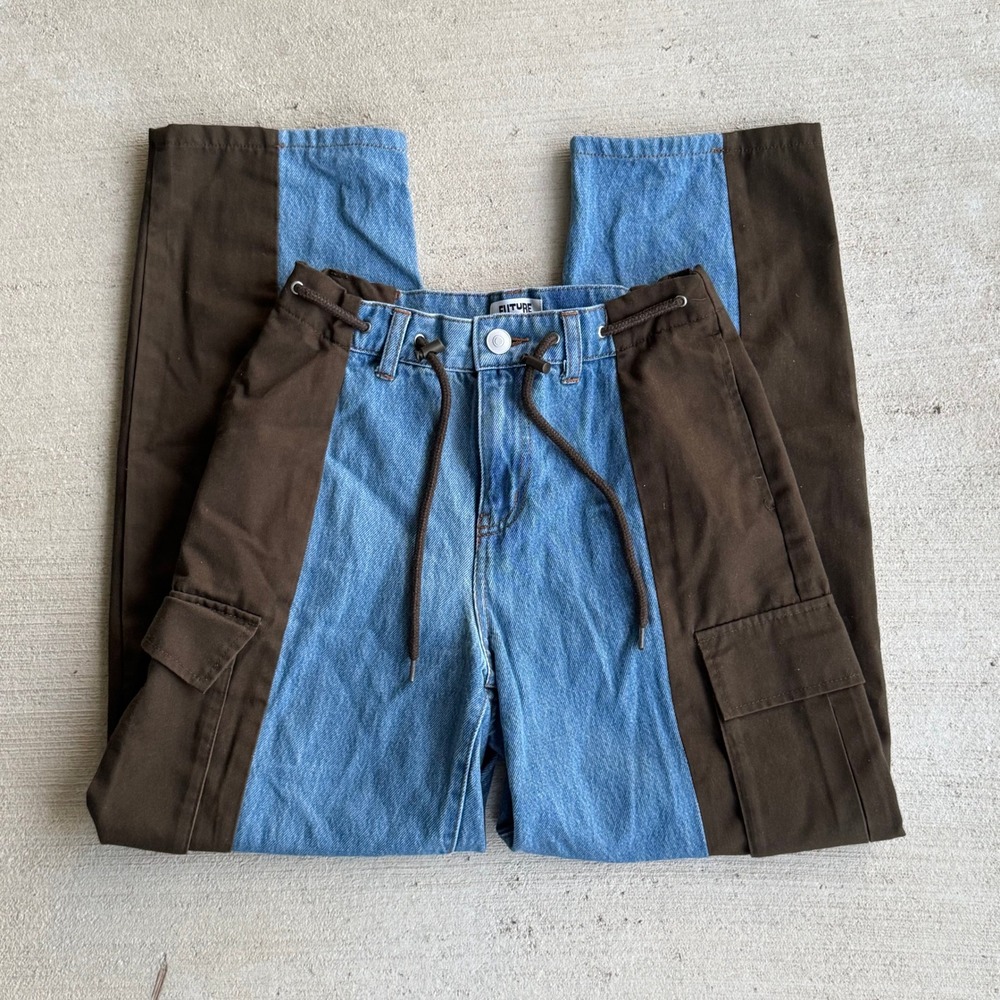 Future Collective Two-Tone Cargo Jeans Blue Brown Women's Size 00 Utility Pants